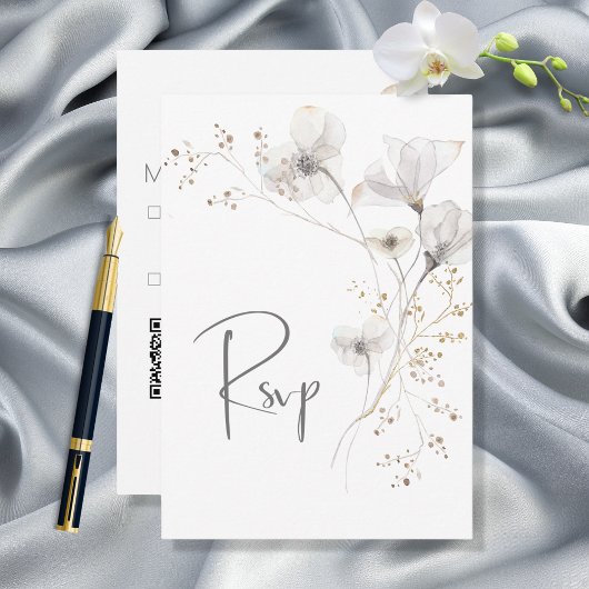 Delicate Modern White Grey & Gold Floral Wedding RSVP Kaartje