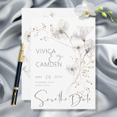 Delicate Modern White Grey & Gold Floral Wedding Save The Date