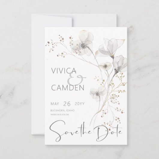 Delicate Modern White Grey & Gold Floral Wedding Save The Date (Voorkant)