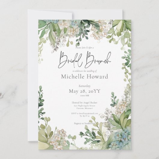 Delicate moderne baby's adem groene bruids brunch kaart (Voorkant)