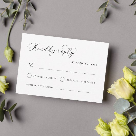 Delicate moderne script kalligrafie witte bruiloft RSVP kaartje