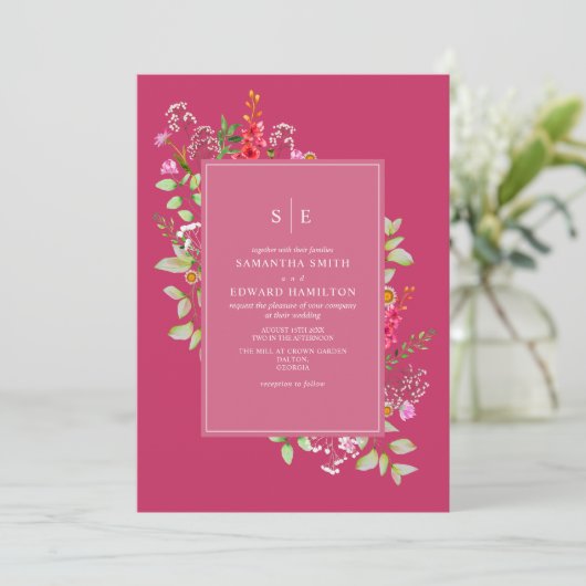 Delicate Neon Wildflower Hot Pink Weddenschap Init Kaart (Staand voorkant)