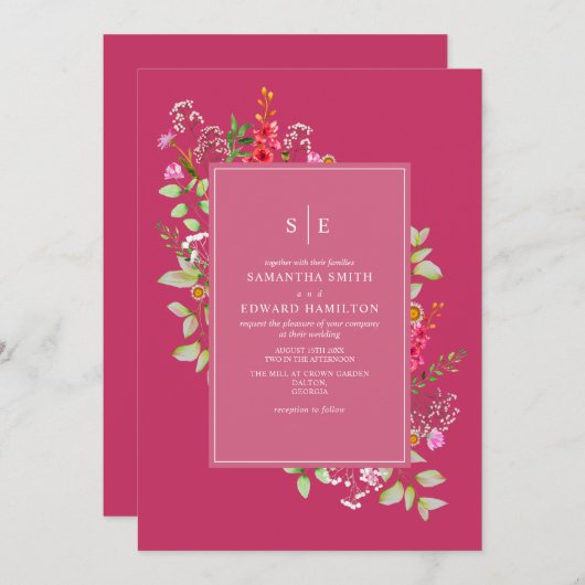 Delicate Neon Wildflower Hot Pink Weddenschap Init Kaart (Voorkant / Achterkant)