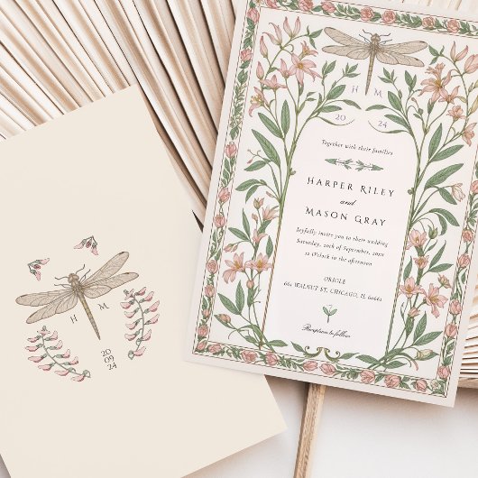 Delicate Nouveau Wedding Dragonfly Bloemen Kaart