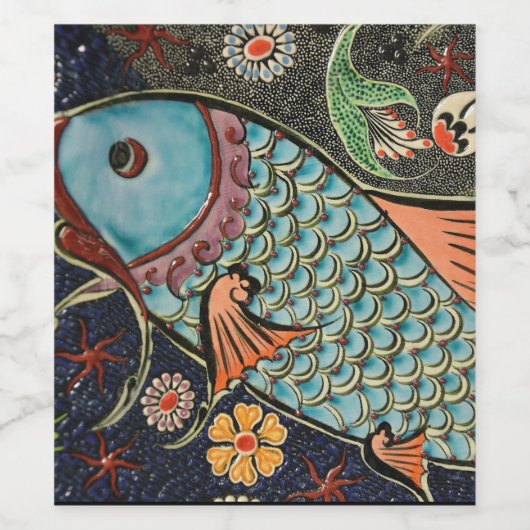 Delicate Ocean Mosaic Coastal Koi Fish Wijn Etiket (Enkel label)