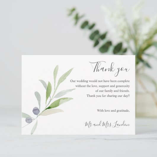 Delicate Olijf en bladeren groen Bruiloft dank u Bedankkaart (Staand voorkant)