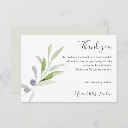 Delicate Olijf en bladeren groen Bruiloft dank u Bedankkaart (Voorkant / Achterkant)