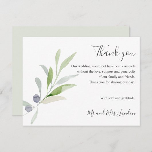 Delicate Olijf en bladeren groen Bruiloft dank u Briefkaart (Voorkant / Achterkant)