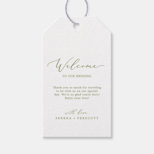 Delicate Olive Green Calligraphy Weddenschap Welco Cadeaulabel (Voorkant)