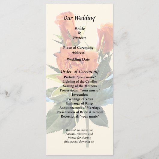 Delicate Oranje Rosebuds Trouwprogramma Programmakaart (Voorkant)