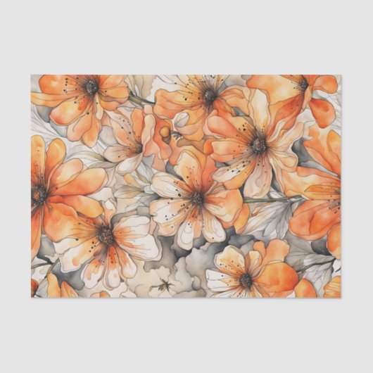 Delicate Oranje Waterverf Bloemen Decoupage Papier (Voorkant)