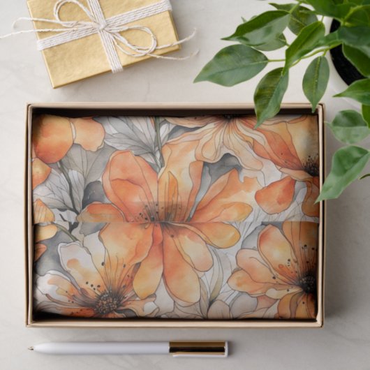 Delicate Oranje Waterverf Bloemen Decoupage Papier (Geschenk)
