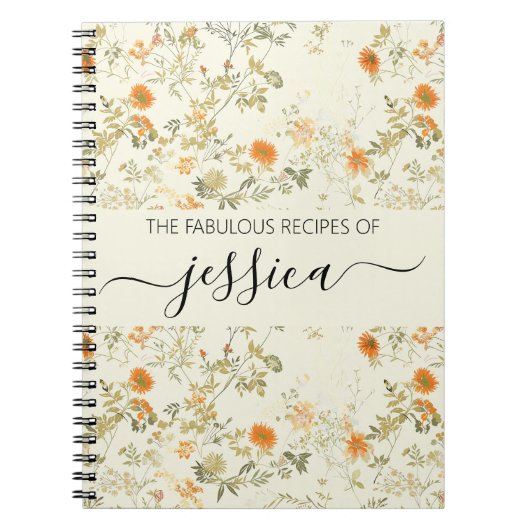 Delicate oranje wilde bloemen script naam Recept Notitieboek (Voorkant)