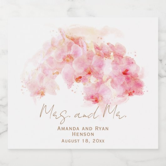 Delicate Orchidee Waterverf Mrs. en Mr. Floral Sparkling Wijnetiket (Enkel label)