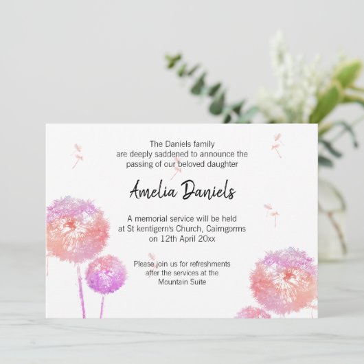 Delicate Paardebloem Begrafenis Aankondiging Kaart (Staand voorkant)