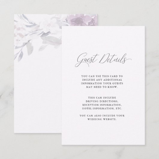 Delicate Paarse Bloemen Kalligrafie Bruiloft Detai Informatiekaartje (Voorkant / Achterkant)