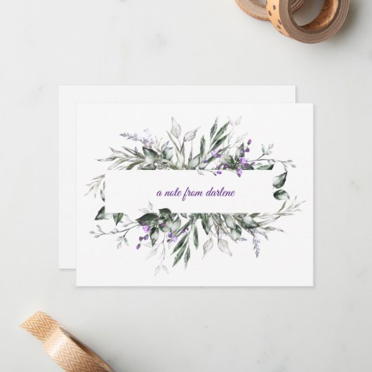 Delicate paarse bloemen met Lijst met groene blade Notitiekaartje (Voorkant / Achterkant in situ)