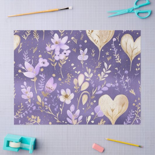 Delicate Paarse gouden bloemharten decoupage Tissuepapier (Craft)