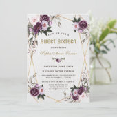 Delicate Paarse Pink Peony Flowers Gold Sweet 16 Kaart (Staand voorkant)