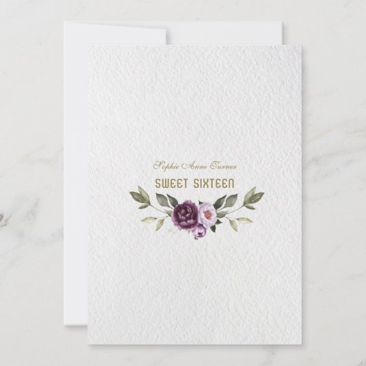 Delicate Paarse Pink Peony Flowers Gold Sweet 16 Kaart (Achterkant)