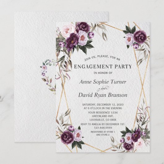 Delicate Paarse Pink Peony Flowers Gold Verloving Kaart (Voorkant / Achterkant)