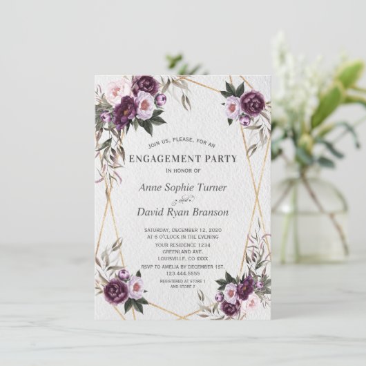 Delicate Paarse Pink Peony Flowers Gold Verloving Kaart (Staand voorkant)