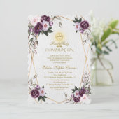 Delicate Paarse Pink Peony Flowers Heilige Communi Kaart (Staand voorkant)