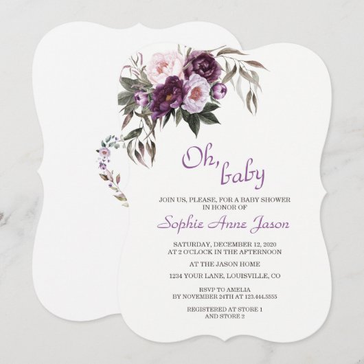 Delicate Paarse Roze Pioen Bloemen Baby Shower Kaart (Voorkant / Achterkant)