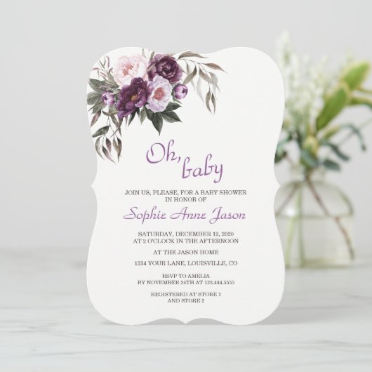 Delicate Paarse Roze Pioen Bloemen Baby Shower Kaart (Staand voorkant)