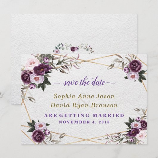 Delicate Paarse Roze Pioen Bloemen Gouden Bruiloft Save The Date (Voorkant / Achterkant)