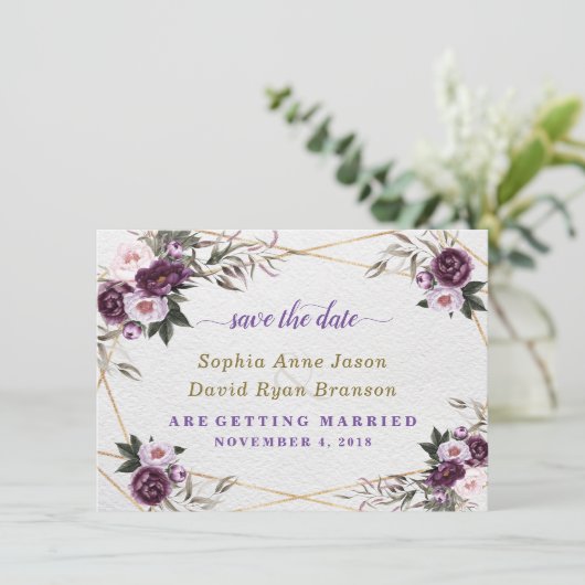 Delicate Paarse Roze Pioen Bloemen Gouden Bruiloft Save The Date (Staand voorkant)