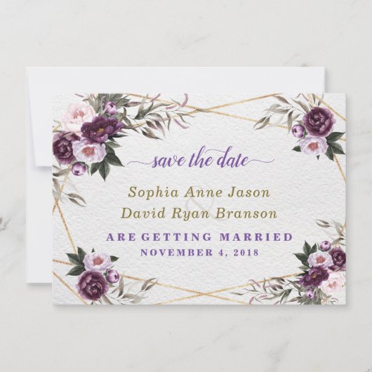 Delicate Paarse Roze Pioen Bloemen Gouden Bruiloft Save The Date (Voorkant)