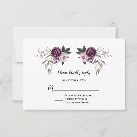 Delicate Paarse Roze Pioen Bloemen Gouden Trouwdag RSVP Kaartje (Achterkant)