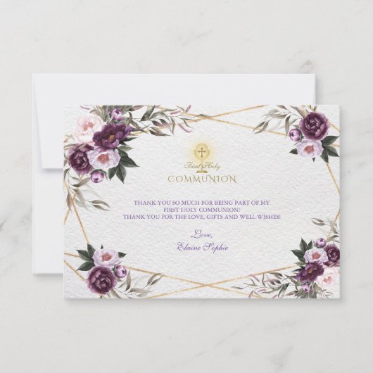 Delicate Paarse Roze Pioen Bloemen Heilige Communi Bedankkaart (Voorkant)