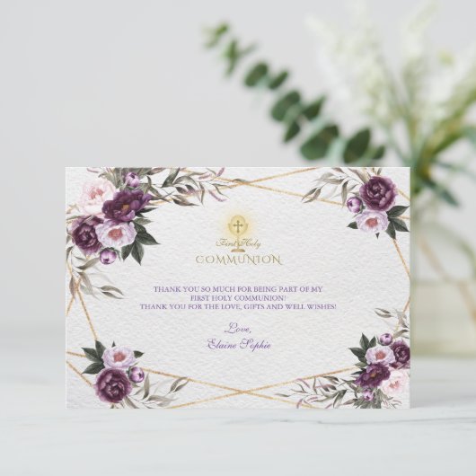 Delicate Paarse Roze Pioen Bloemen Heilige Communi Bedankkaart (Staand voorkant)
