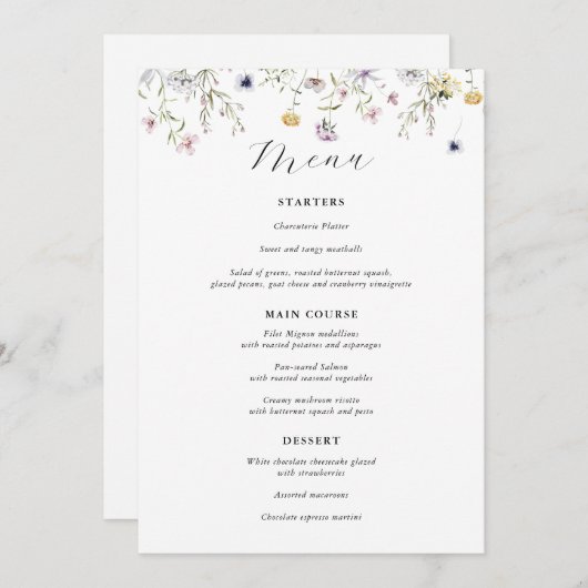 Delicate Paarse Wilde Bloem Bruiloftsmenu Menu (Voorkant / Achterkant)