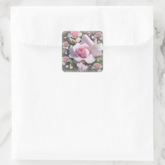 Delicate Pale Pink Rose with Hearts Vierkante Sticker (Tas)