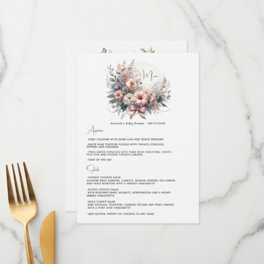 Delicate Pastel Bloemen Boog Bloemige Baby Shower Menu (Voorkant / Achterkant in situ)
