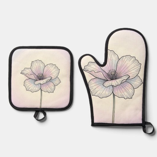 Delicate Pastel Klaproos Bloem Ovenwant & Pannenlap Set (Voorkant)
