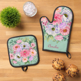 Delicate Pastel Waterverf Zomer Tuin Bloemen Ovenwant & Pannenlap Set