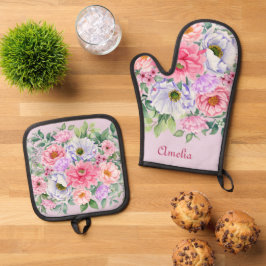 Delicate Pastel Waterverf Zomer Tuin Bloemen Ovenwant & Pannenlap Set