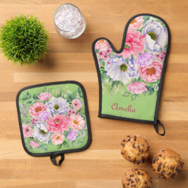 Delicate Pastel Waterverf Zomer Tuin Bloemen Ovenwant & Pannenlap Set