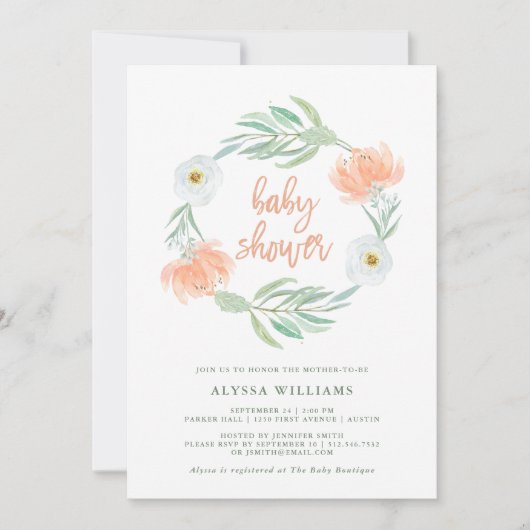 Delicate Peach Floral en Eucalyptus | Baby shower Kaart (Voorkant)