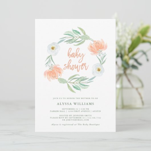 Delicate Peach Floral en Eucalyptus | Baby shower Kaart (Staand voorkant)