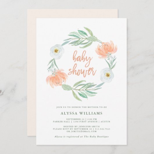Delicate Peach Floral en Eucalyptus | Baby shower Kaart (Voorkant / Achterkant)