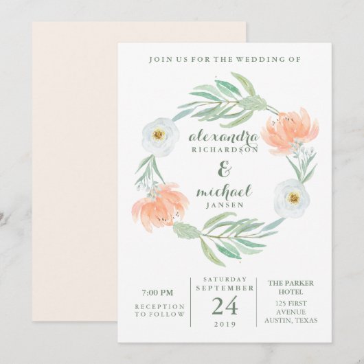 Delicate Peach Floral en Eucalyptus | Weddenschap Kaart (Voorkant / Achterkant)