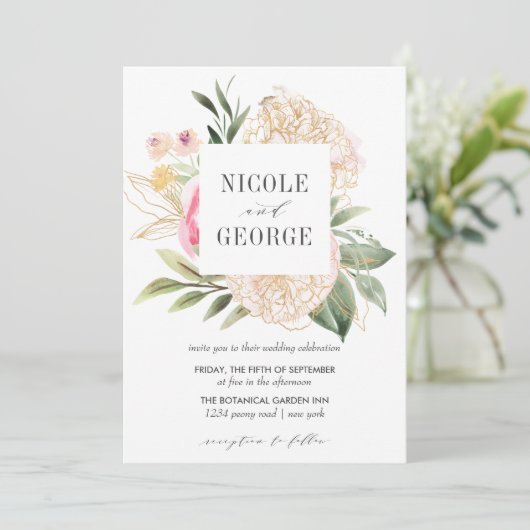 Delicate Peony Gold Geometric Waterverf bruiloft Kaart (Staand voorkant)