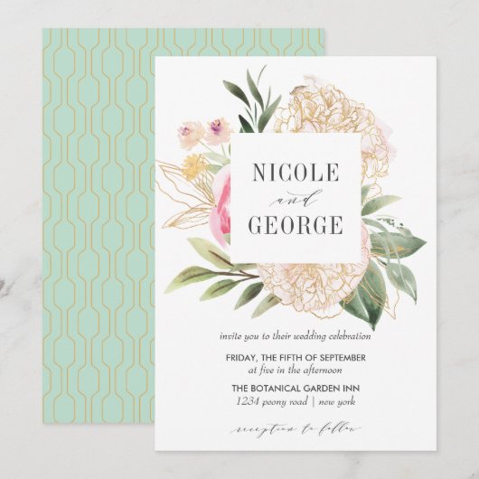 Delicate Peony Gold Geometric Waterverf bruiloft Kaart (Voorkant / Achterkant)