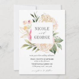 Delicate Peony Gold Geometric Waterverf bruiloft Kaart