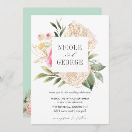 Delicate Peony Gold Typography Waterverf bruiloft Kaart